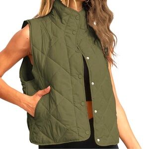 Women's Quilted Puffer Vest Stand Collar Button Down Padded with Pockets XL NEW